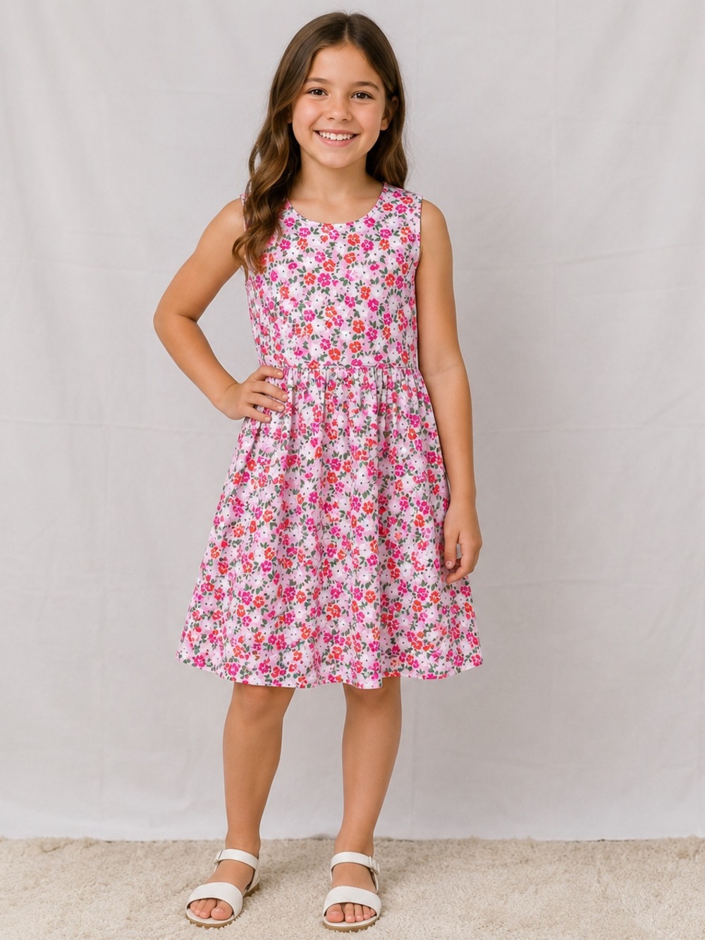 Girls' Pink Floral Sleeveless Dress